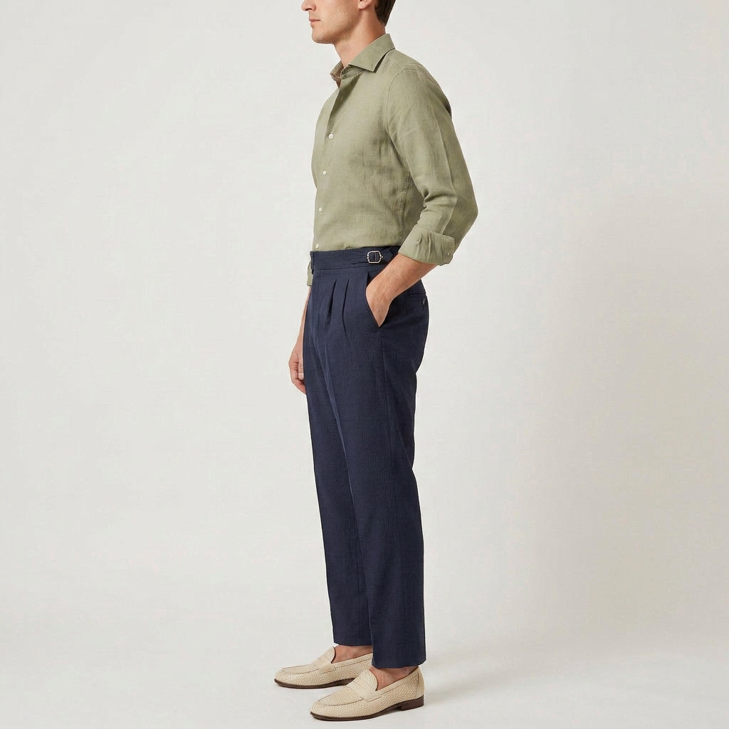 Pantalon Taille Haute Double Pince Boucle Latérale pour Homme