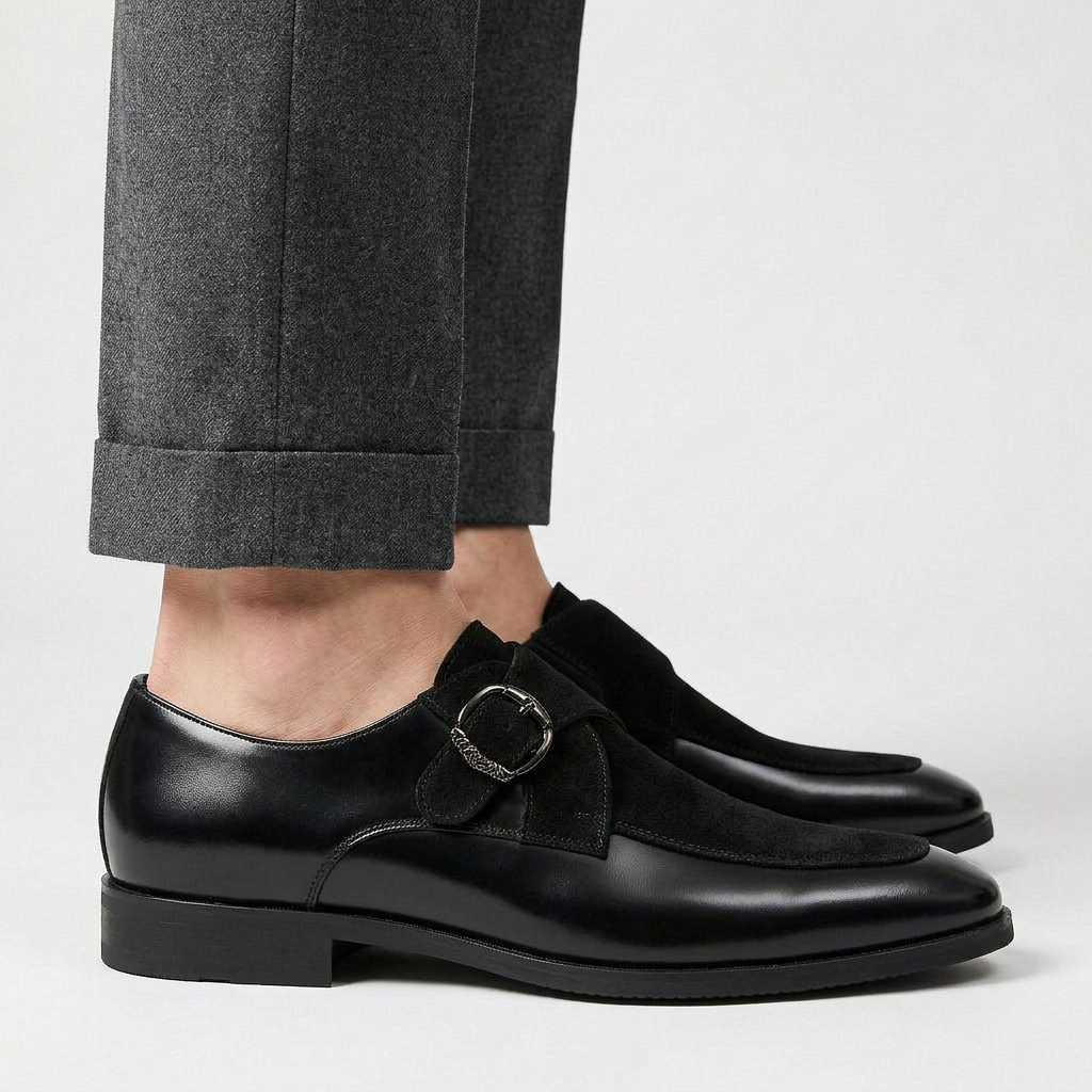 Men's Textured Leather Pointed Toe Monk Strap Derbies