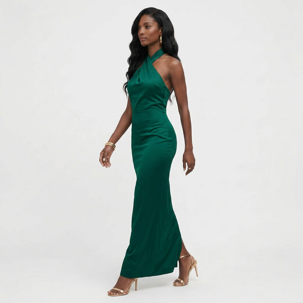 Robe Maxi Dos Nu Coupe Sirène Col Licou pour Femme