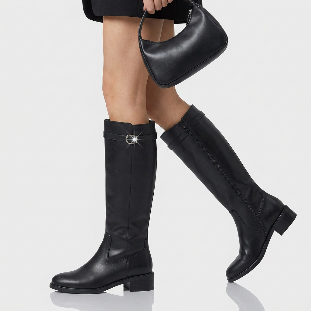 Bottes Cavalières Cuir Détail Métal Tige Haute pour Femme