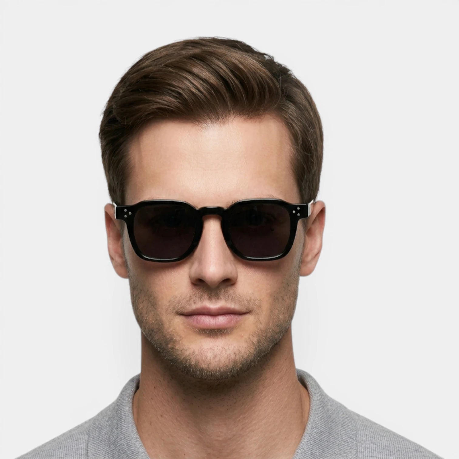Men's square sunglasses with thick frames and tinted lenses, classic fit
