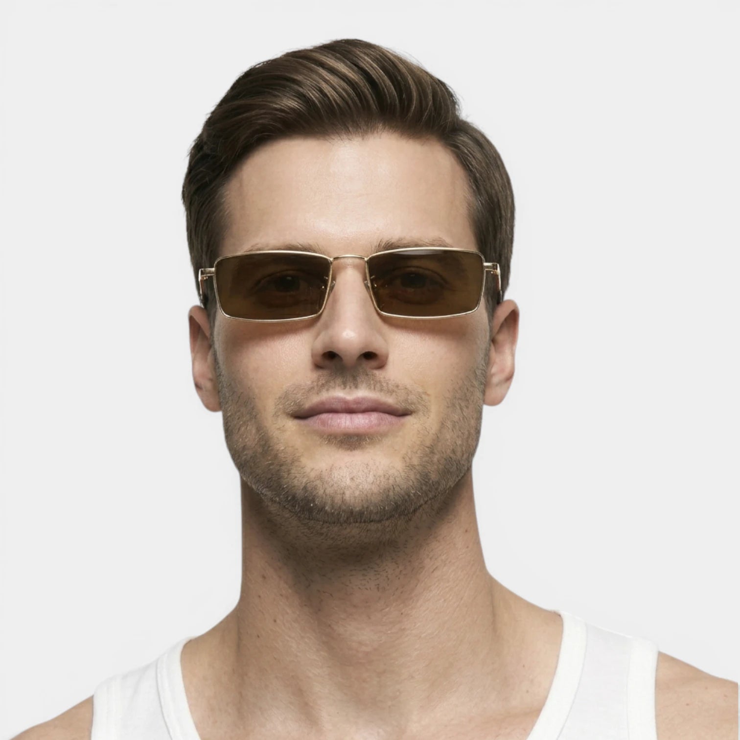 Men's sunglasses with rectangular metal frames, slim profile, and tinted lenses