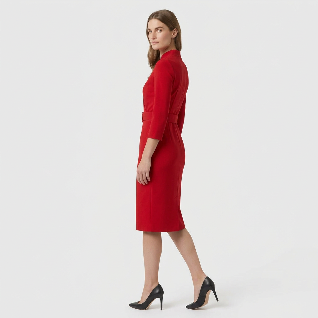 Robe Fourreau Midi Manches Longues Ceinturée pour Femme