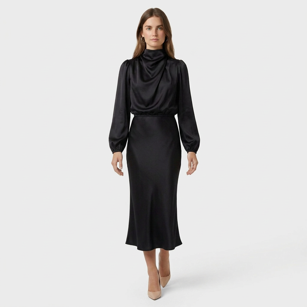 Robe Midi Col Montant Coupe Ajustée pour Femme