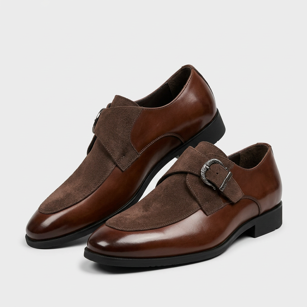Men's Textured Leather Pointed Toe Monk Strap Derbies