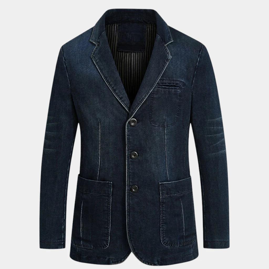 Blazer en Denim Stretch Coupe Structurée à Boutons pour Homme
