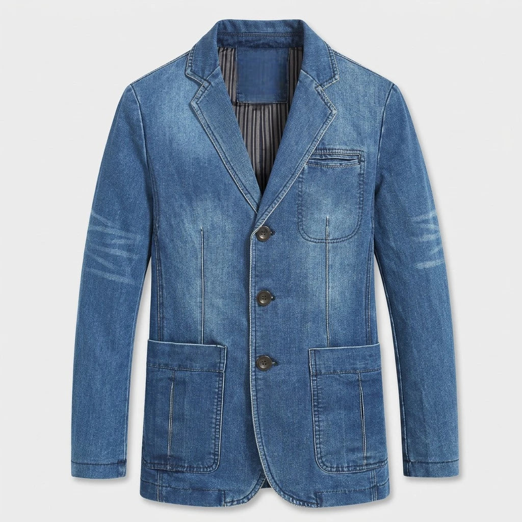 Blazer en Denim Stretch Coupe Structurée à Boutons pour Homme