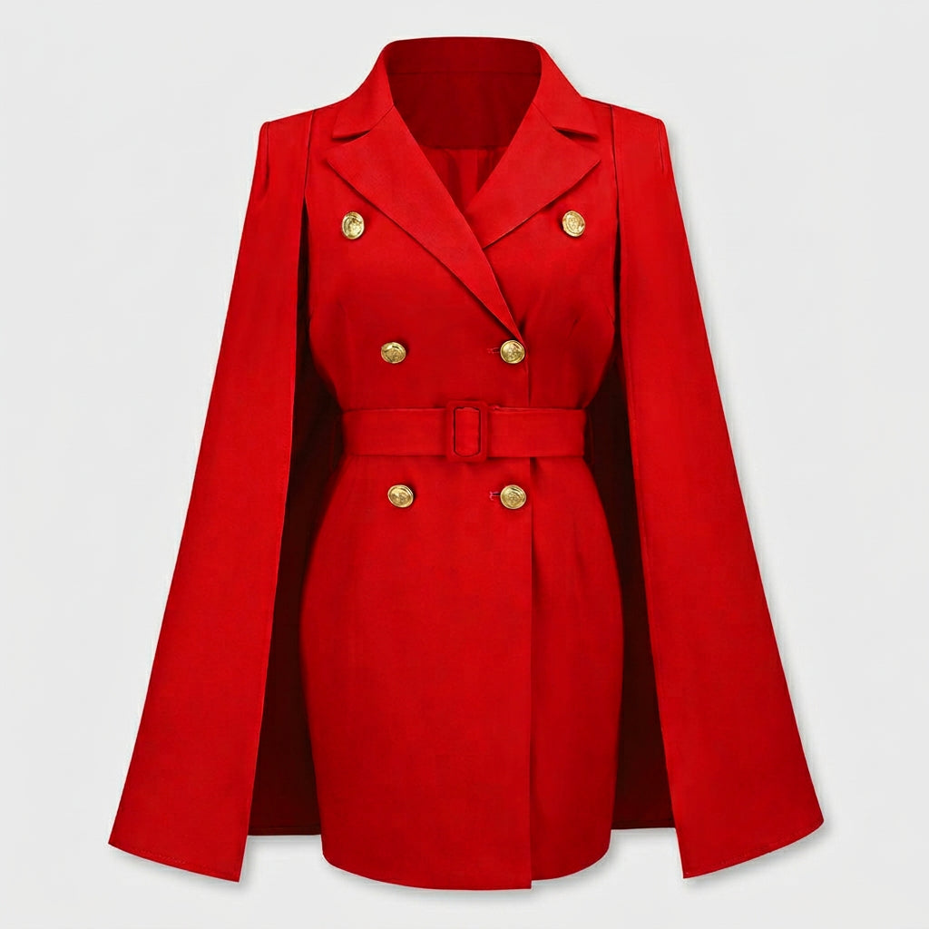 Robe Blazer Cape Ceinturée Boutons Dorés pour Femme