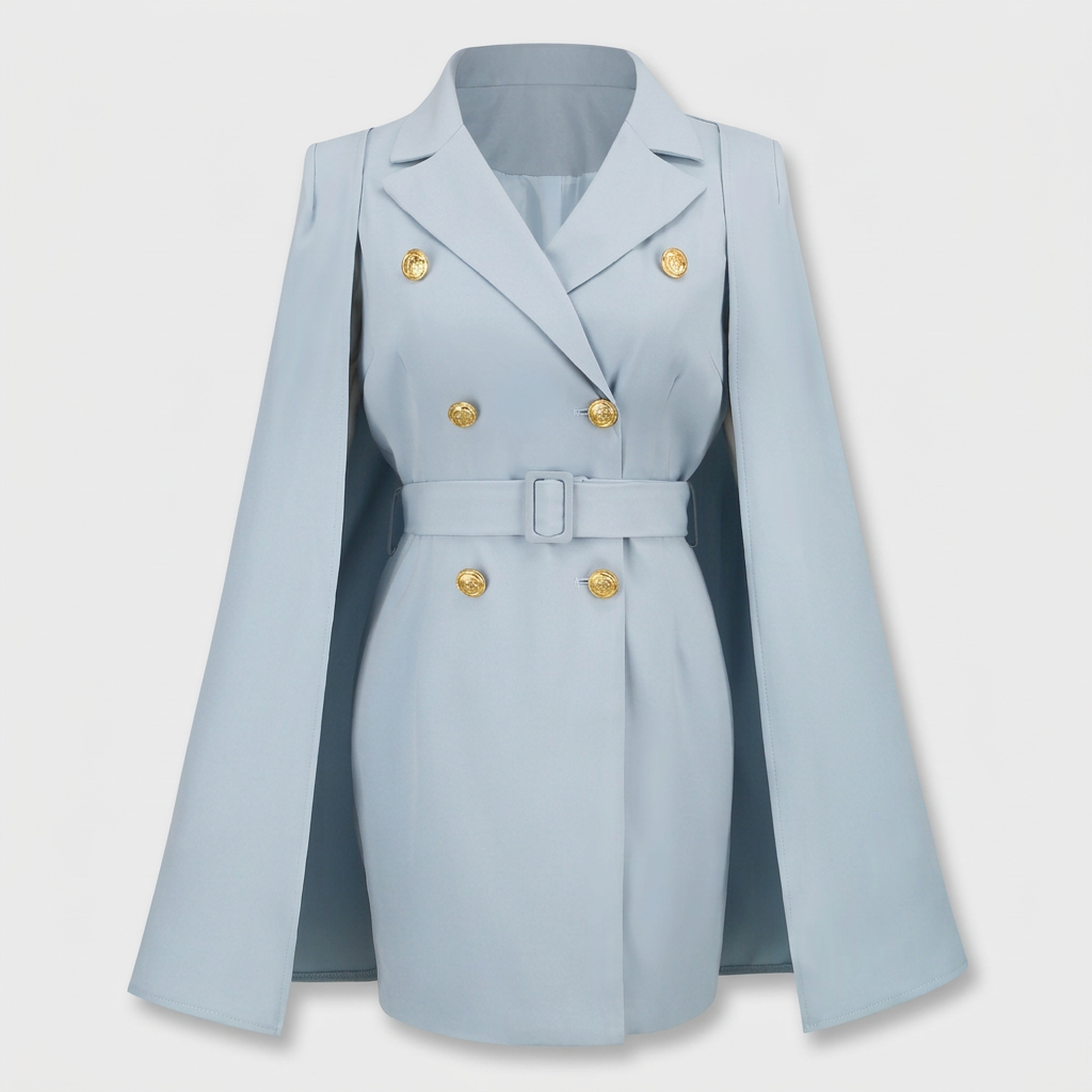 Robe Blazer Cape Ceinturée Boutons Dorés pour Femme