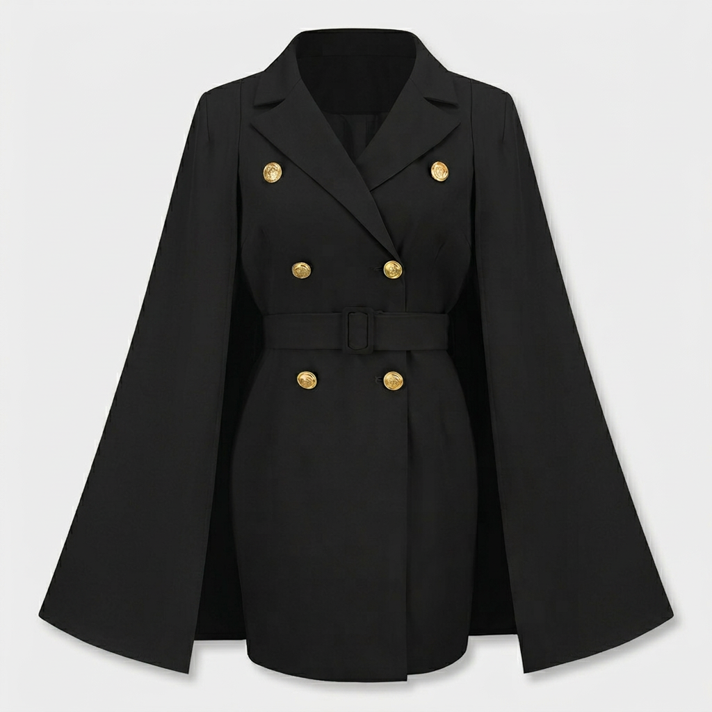 Robe Blazer Cape Ceinturée Boutons Dorés pour Femme