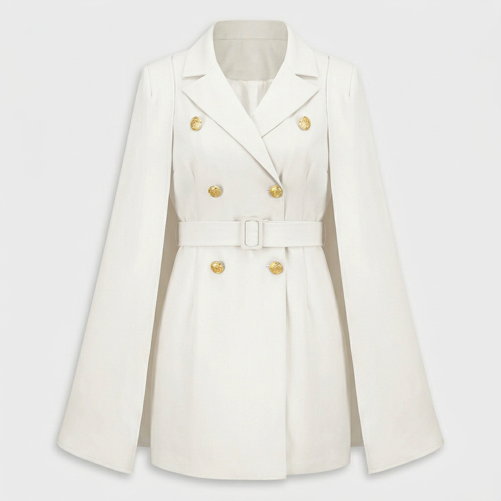 Robe Blazer Cape Ceinturée Boutons Dorés pour Femme