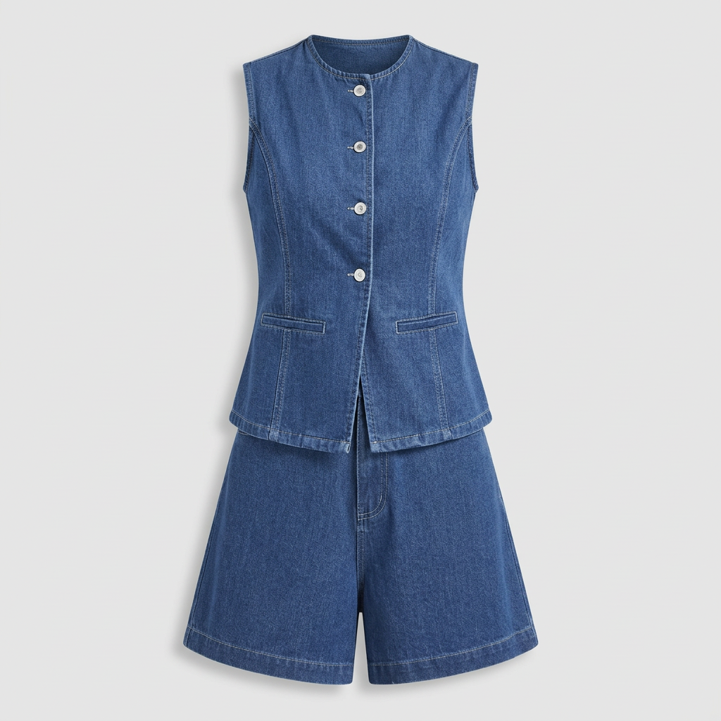 Ensemble Co-Ord Denim Sans Manches Coupe Estivale pour Femme