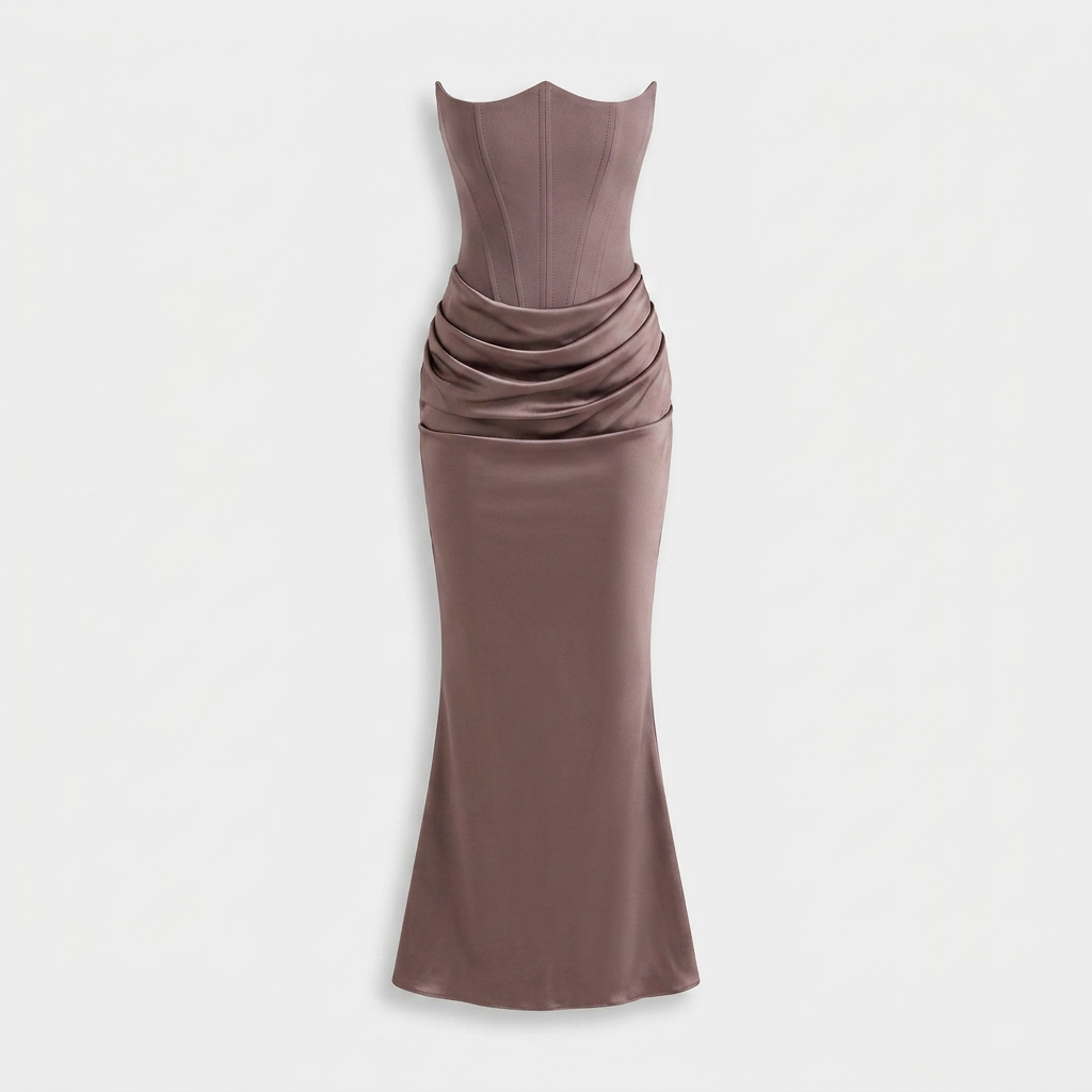 Robe Longue Fourreau en Velours Bustier Corseté sans Bretelles pour Femme