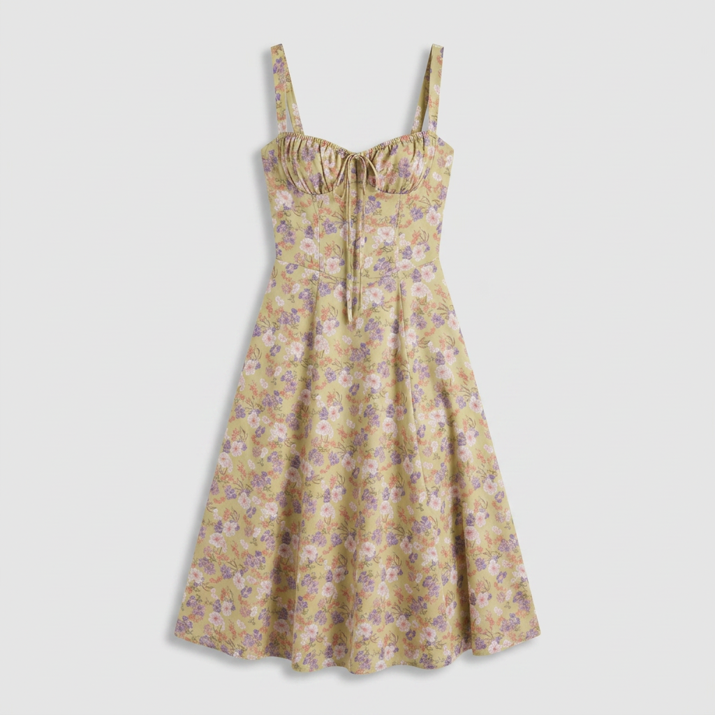 Robe Midi Corset Floral en Coton Coupe Évasée Imprimé Pastel pour Femme