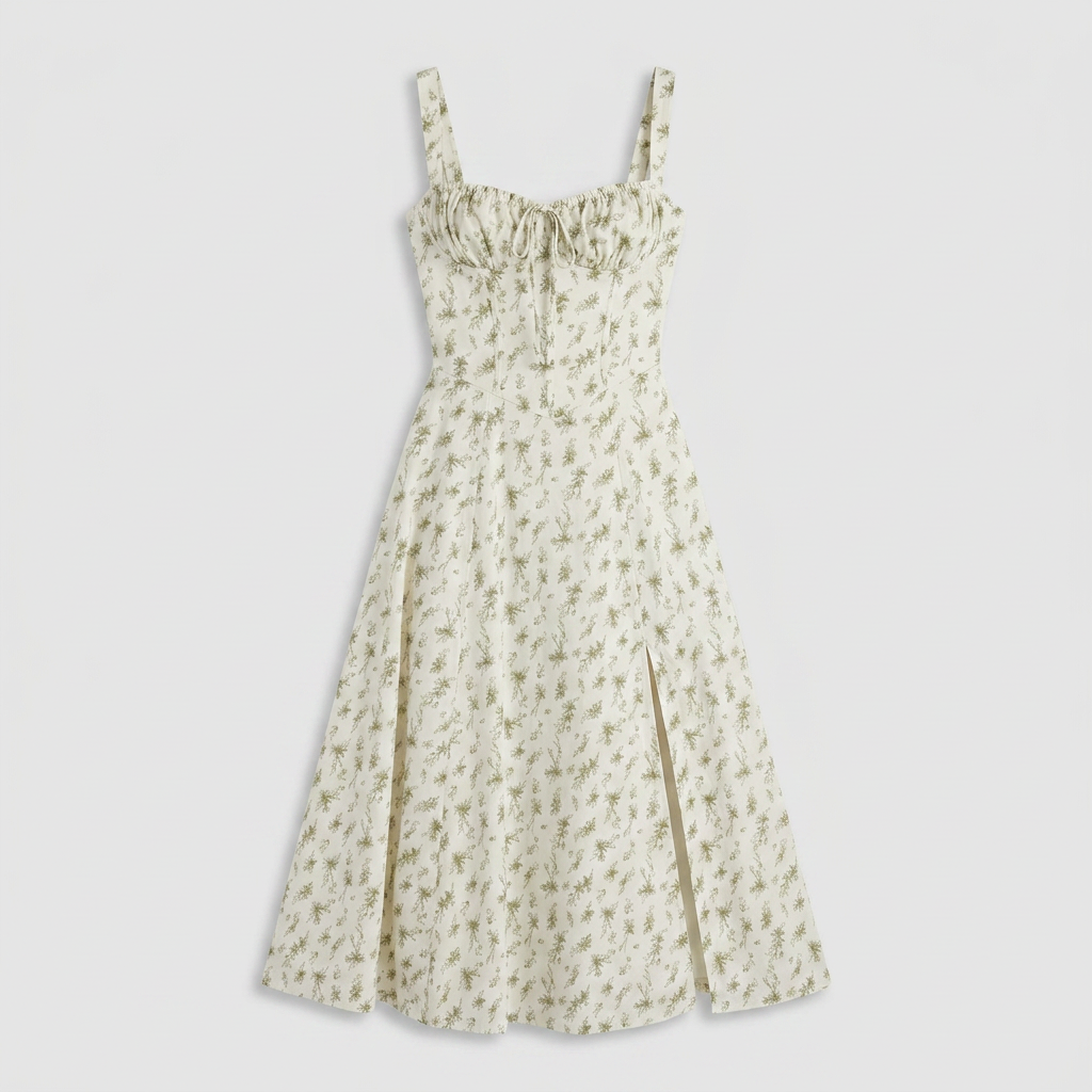 Robe Midi Corset Floral en Coton Coupe Évasée Imprimé Pastel pour Femme