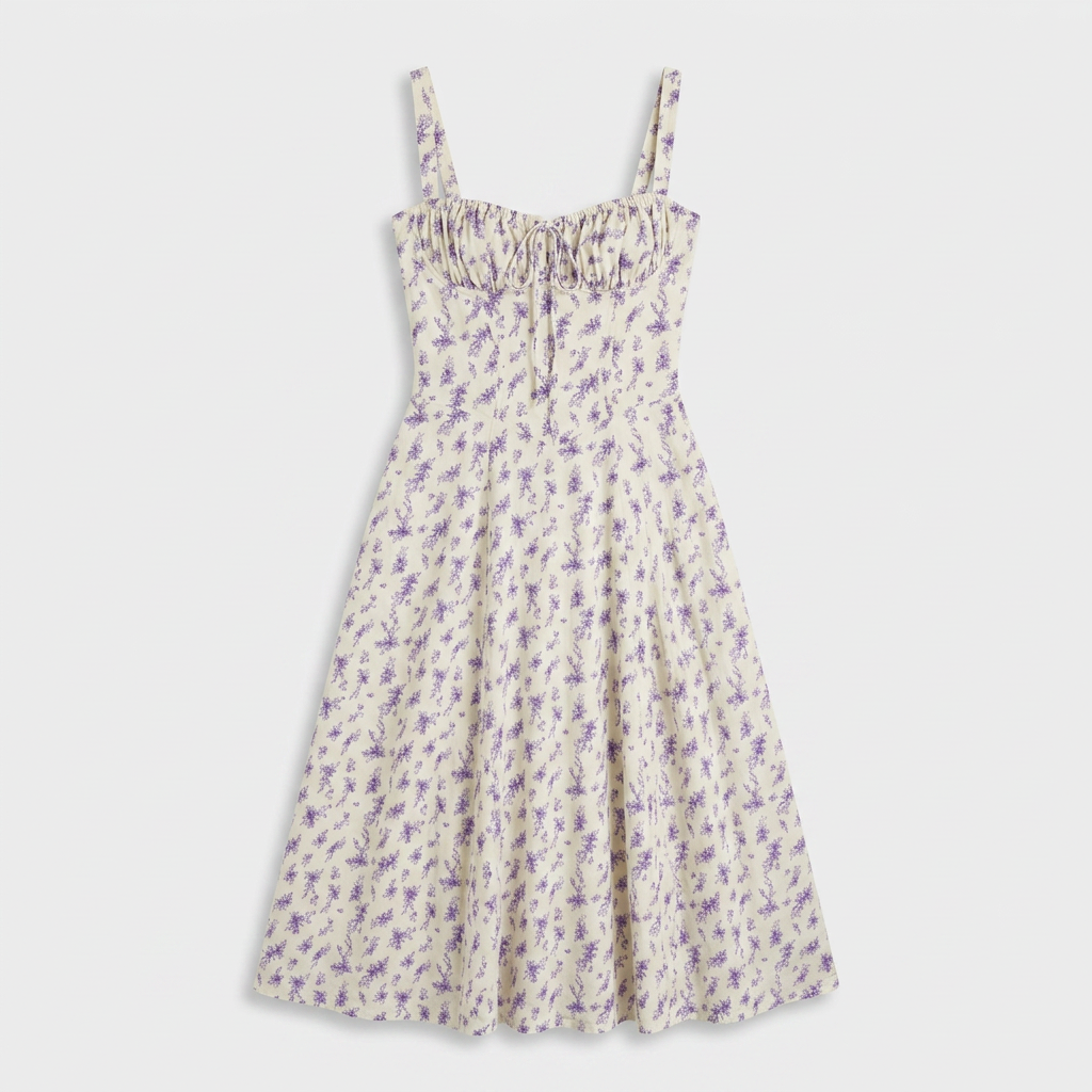 Robe Midi Corset Floral en Coton Coupe Évasée Imprimé Pastel pour Femme