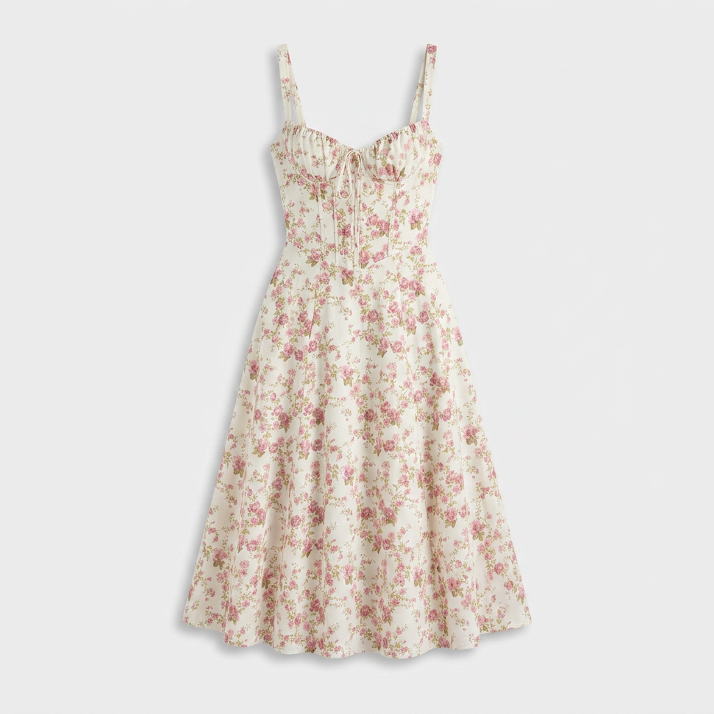 Robe Midi Corset Floral en Coton Coupe Évasée Imprimé Pastel pour Femme