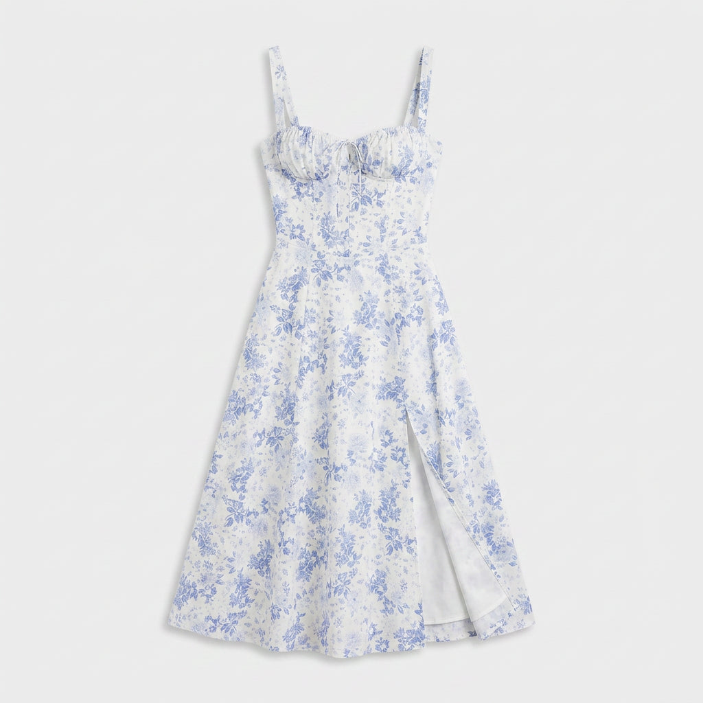 Robe Midi Corset Floral en Coton Coupe Évasée Imprimé Pastel pour Femme