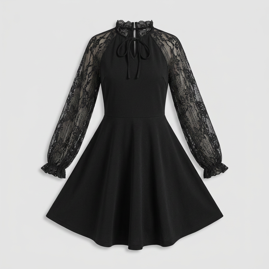 Robe Mini Élégante Manches Dentelle Col Rond pour Femme