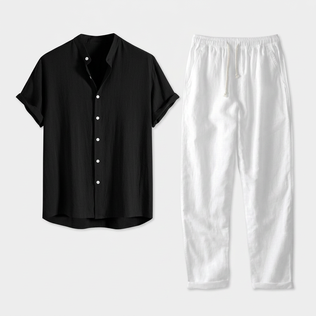 Chemise Lin Mélangé Col Mao Manches Courtes pour Homme