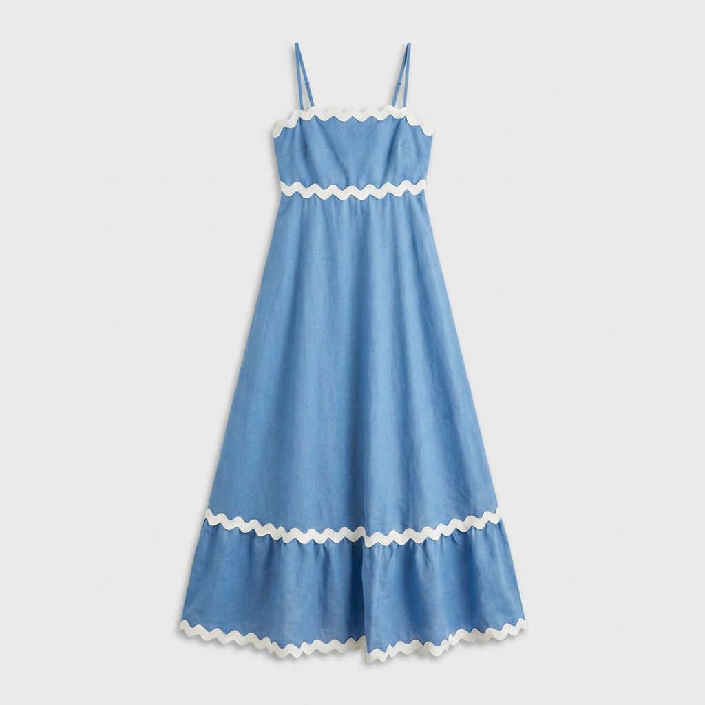 Robe Maxi Asymétrique Coton Lin Finition Ric-Rac pour Femme