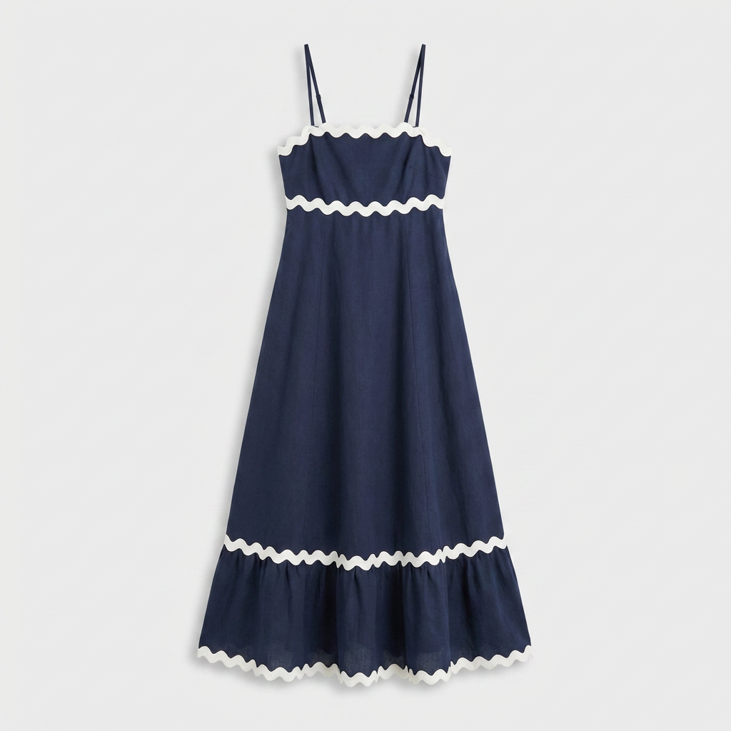 Robe Maxi Asymétrique Coton Lin Finition Ric-Rac pour Femme