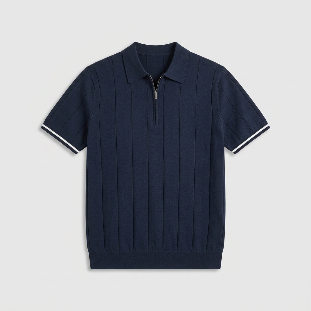 Polo Maille Fine Rayures Verticales Col Zippé pour Homme