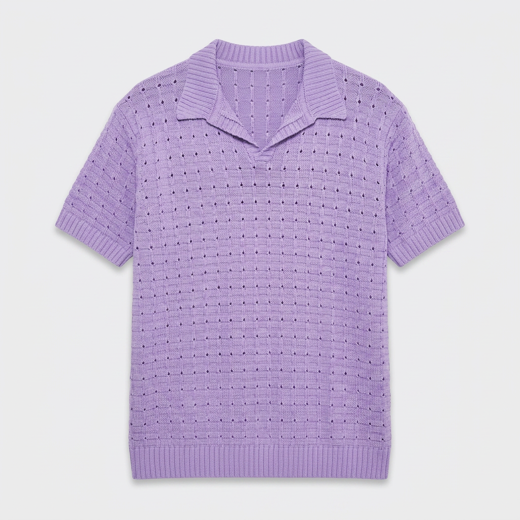 Polo Maille Gaufrée Col V Ouvert Manches Courtes pour Homme