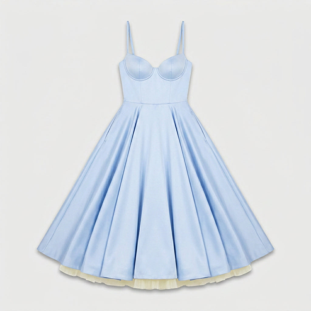 Robe Midi Corset Brodée Col V Coupe Évasée pour Femme