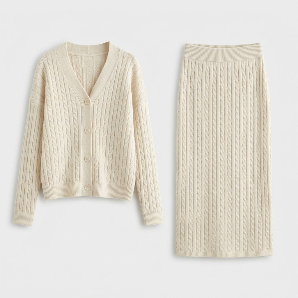 Ensemble Jupe Crayon et Pull Côtelé Col V pour Femme