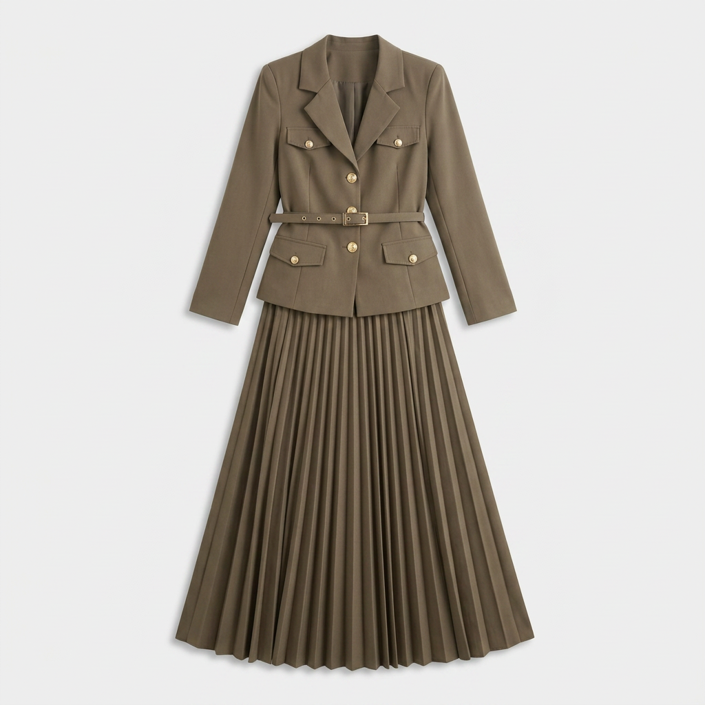 Ensemble Blazer Croisé et Jupe Plissée pour Femme