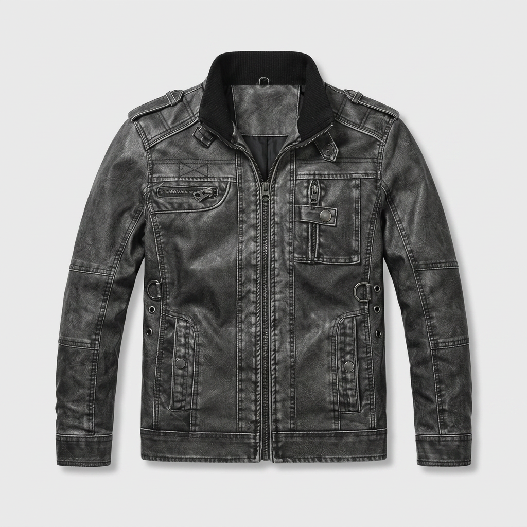 Veste Cuir Col Montant Poche Zippée pour Homme