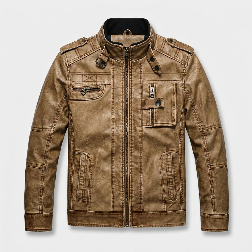 Veste Cuir Col Montant Poche Zippée pour Homme