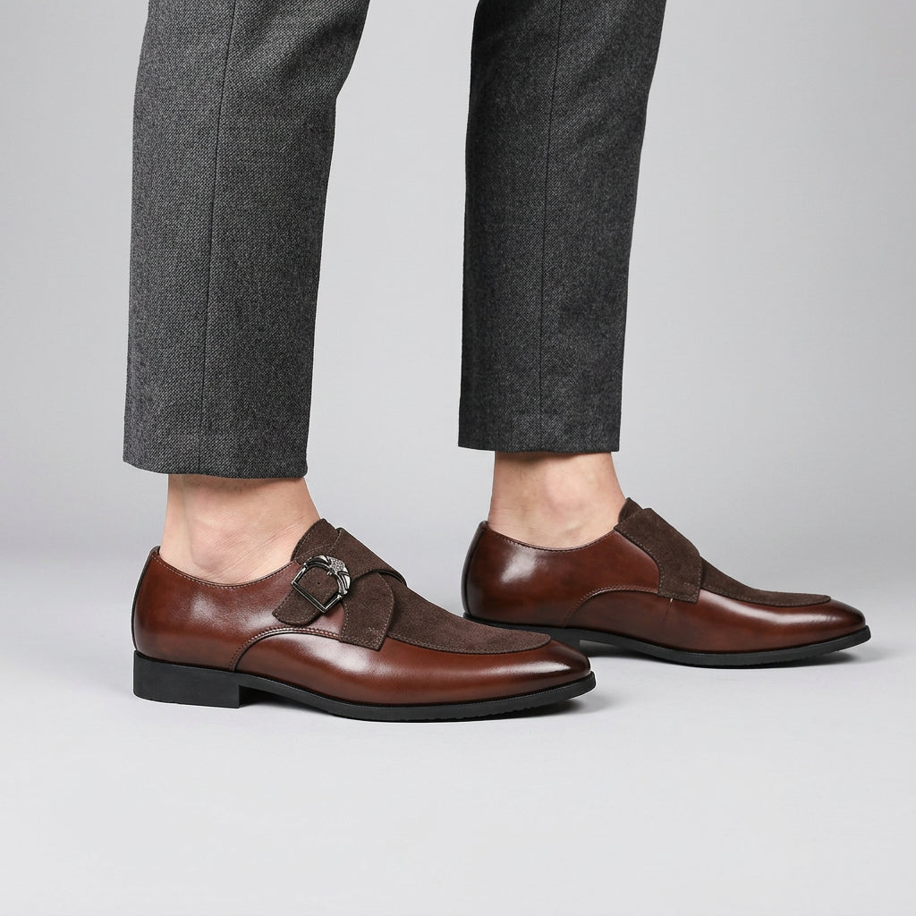 Men's Textured Leather Pointed Toe Monk Strap Derbies
