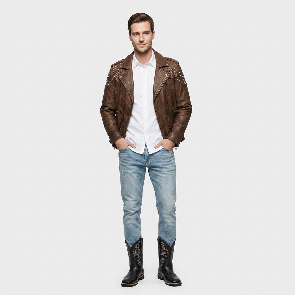 Bottes Western Brodées Mi-Mollet Bout Carré pour Homme