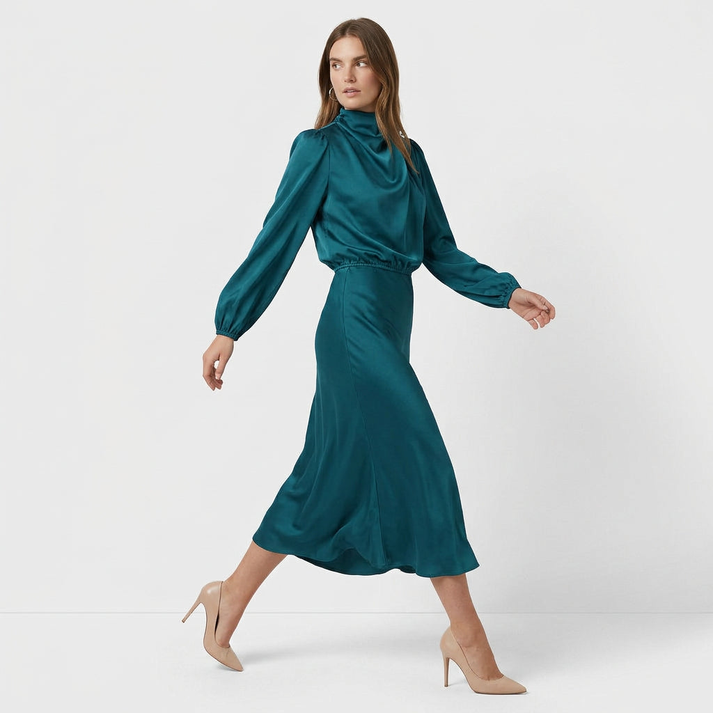 Robe Midi Col Montant Coupe Ajustée pour Femme