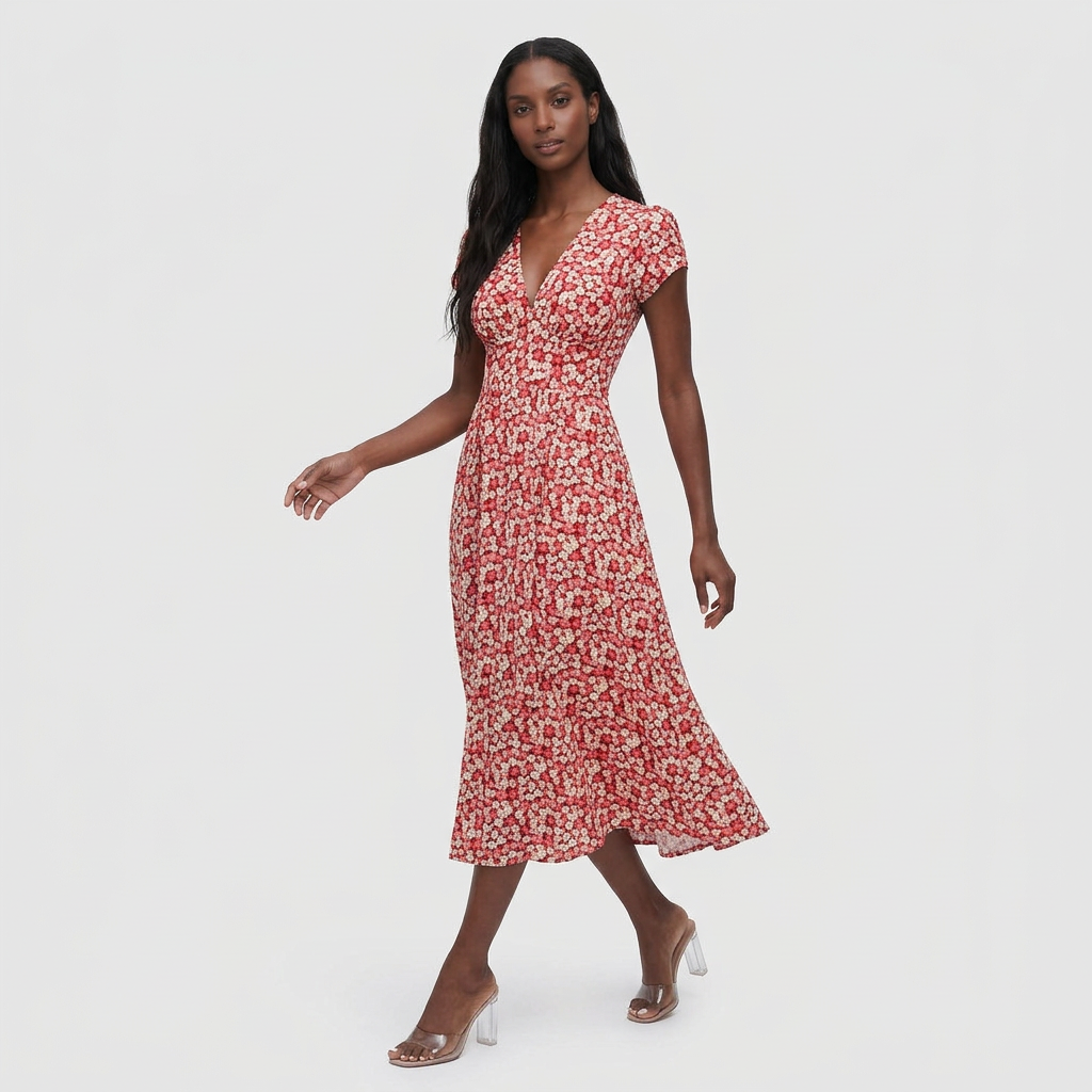 Robe Midi Florale Col V avec Poches pour Femme