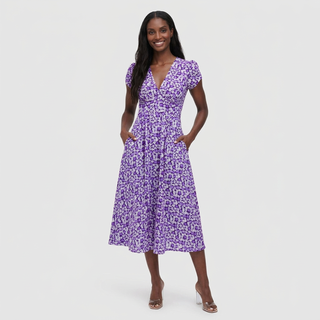 Robe Midi Florale Col V avec Poches pour Femme