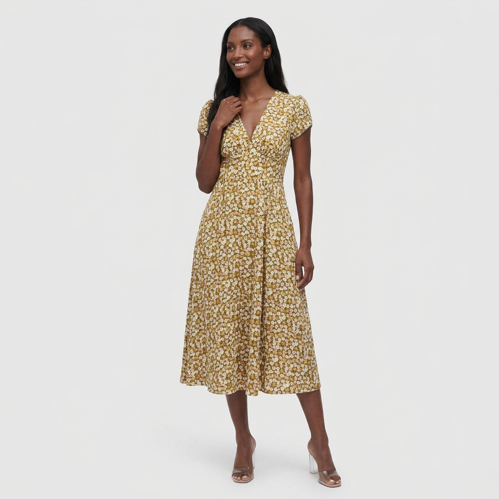 Robe Midi Florale Col V avec Poches pour Femme