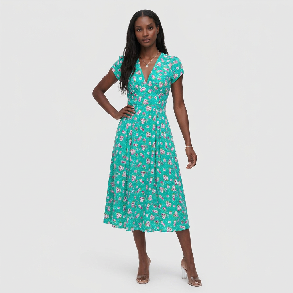 Robe Midi Florale Col V avec Poches pour Femme