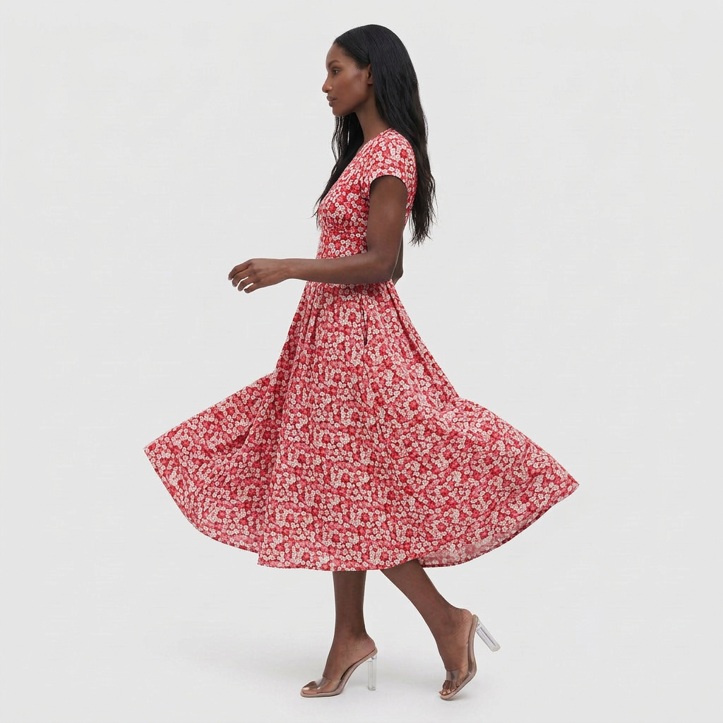 Robe Midi Florale Col V avec Poches pour Femme