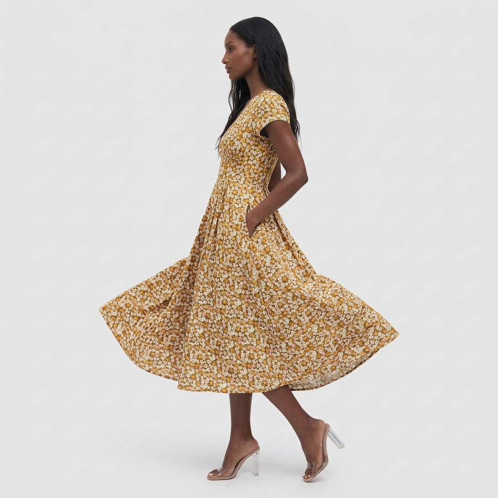 Robe Midi Florale Col V avec Poches pour Femme