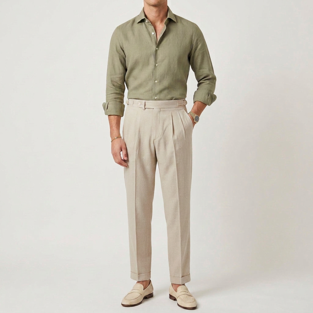 Pantalon Taille Haute Double Pince Boucle Latérale pour Homme