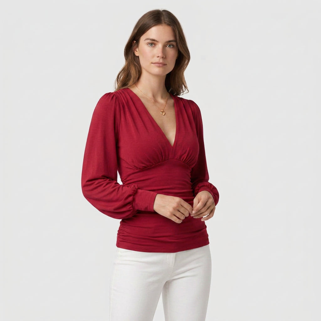 Blouse Col V Profond Taille Froncée pour Femme