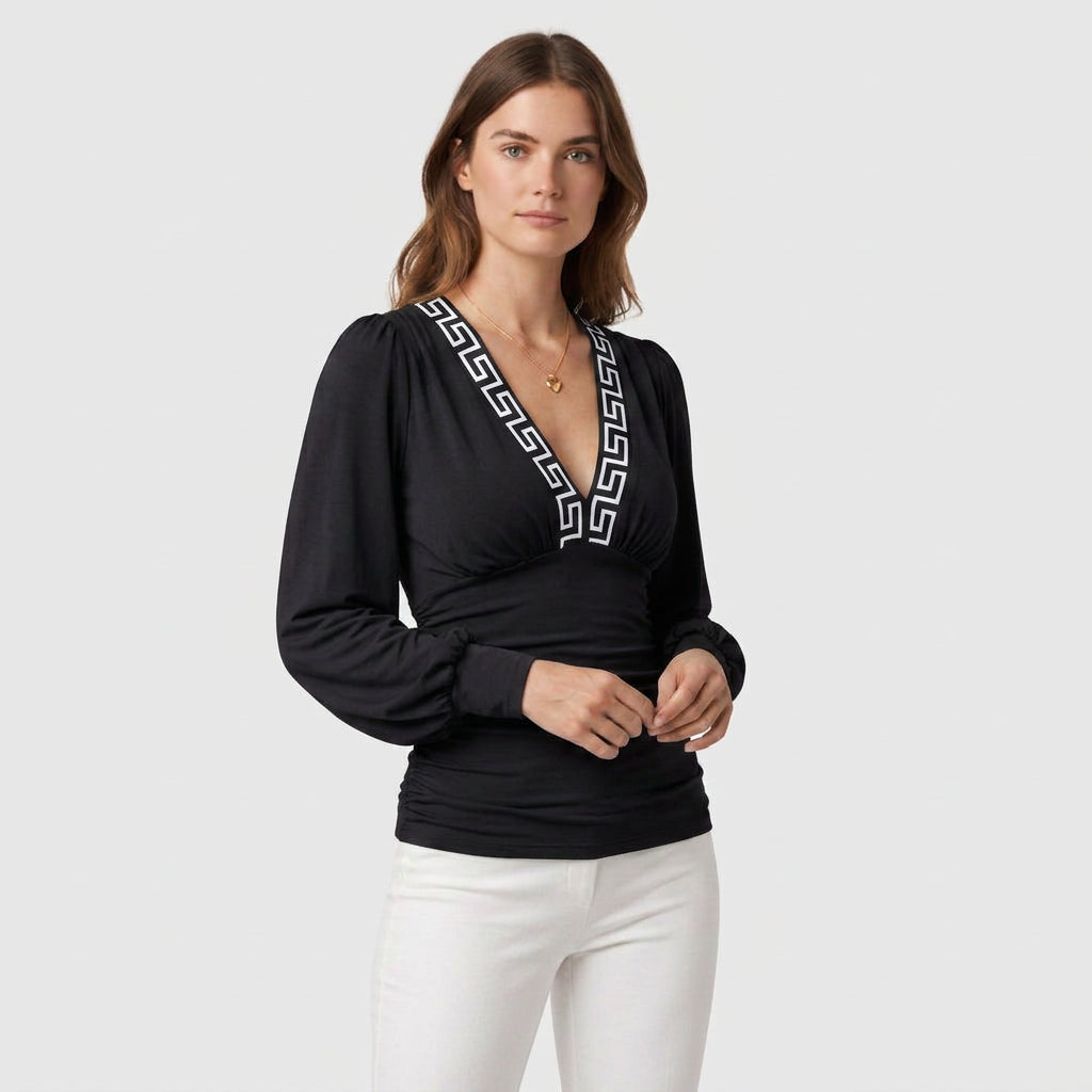 Blouse Col V Profond Taille Froncée pour Femme
