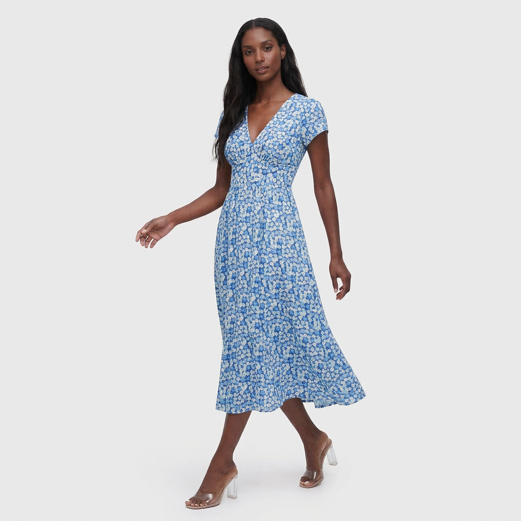Robe Midi Florale Col V avec Poches pour Femme