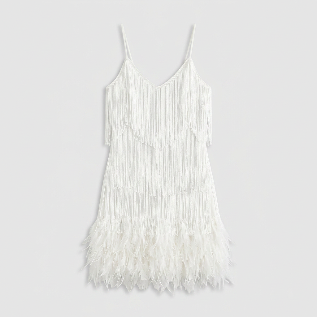 Robe Mini Franges et Plumes Bretelles Pour Femme