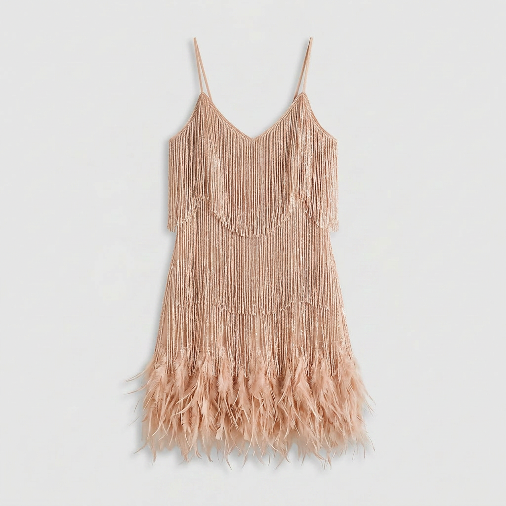 Robe Mini Franges et Plumes Bretelles Pour Femme