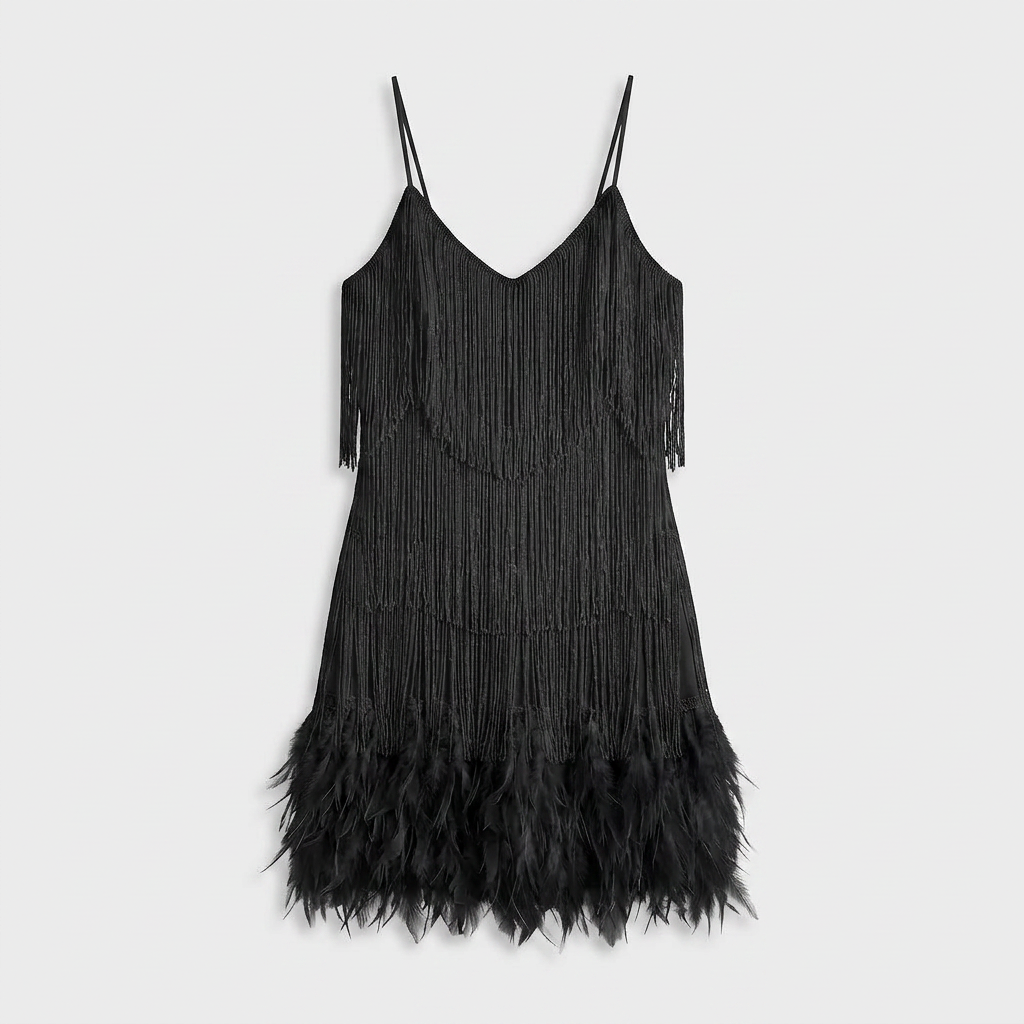 Robe Mini Franges et Plumes Bretelles Pour Femme