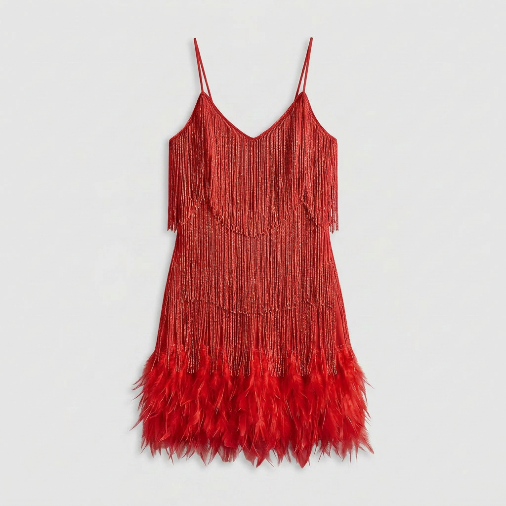 Robe Mini Franges et Plumes Bretelles Pour Femme